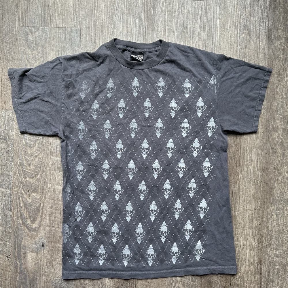 Vintage- Helix - All Over Print AOP Gray & White Skull T Shirt - Goth - Men's M